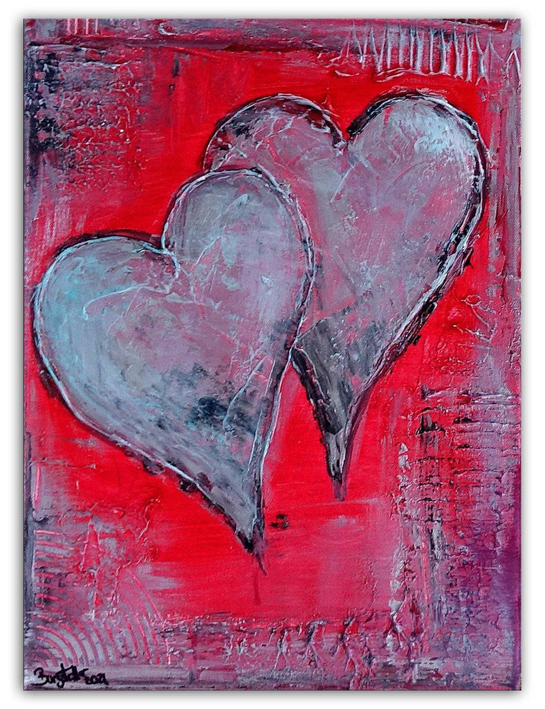 Zwei Herzen gemalt Geschenk Liebe Partner Gemaelde Herzbild rot silber 30x40