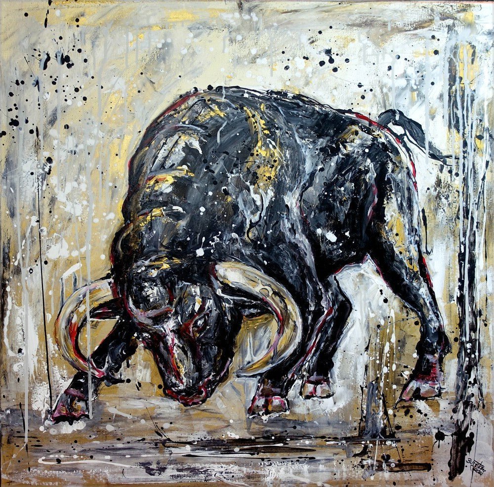 Wandbilder wilde Stiere - Abstrakte Stiergemälde - gemalte Stierbilder in Acryl
