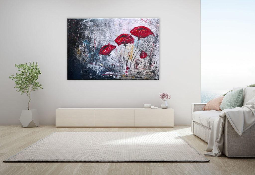 4 Mohnblumen Bild abstrakt Blütenbild rot grau modern gemalt
