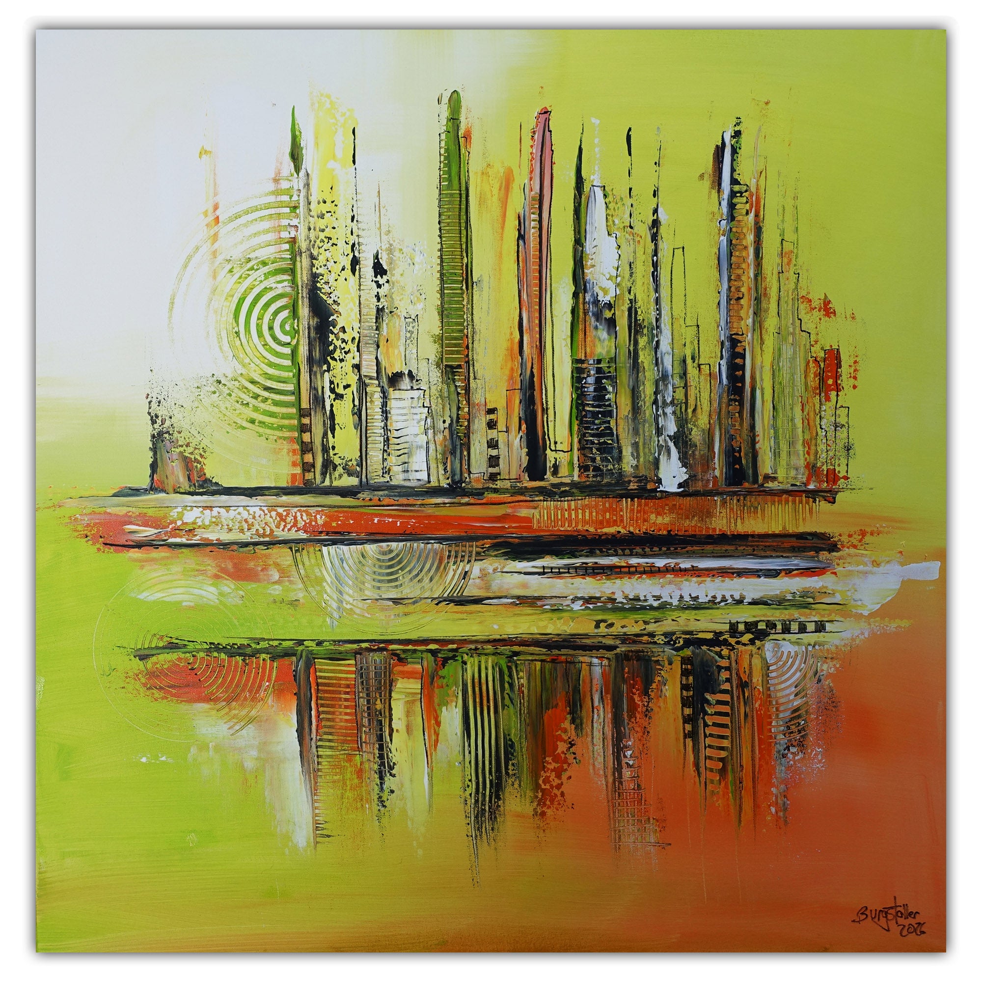 Abuja - abstrakte Kunst grün orange Leinwandbild Acrylgemälde 80x80