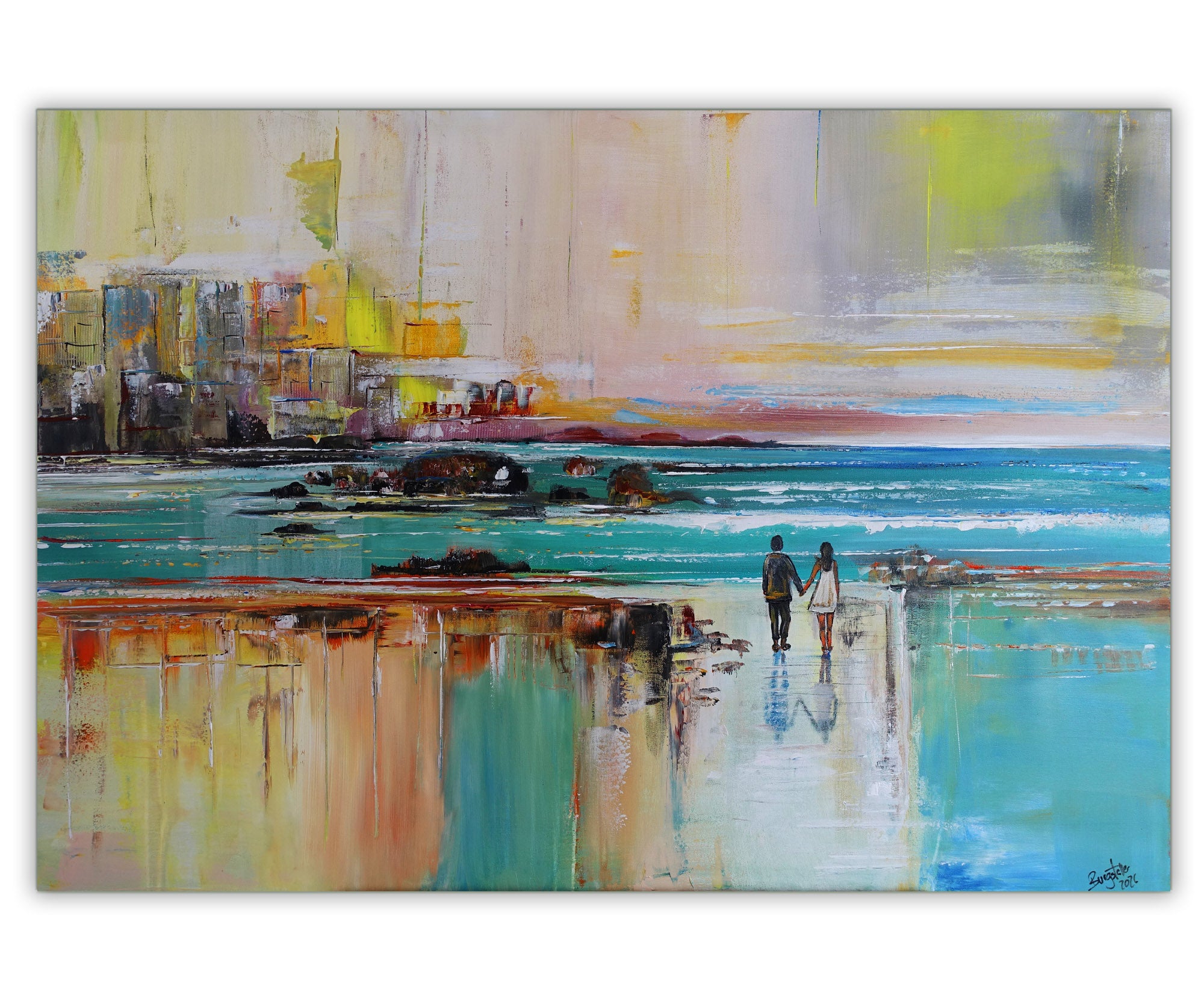 Modernes Meer Gemälde, handgemaltes Acrylbild mit Liebespaar