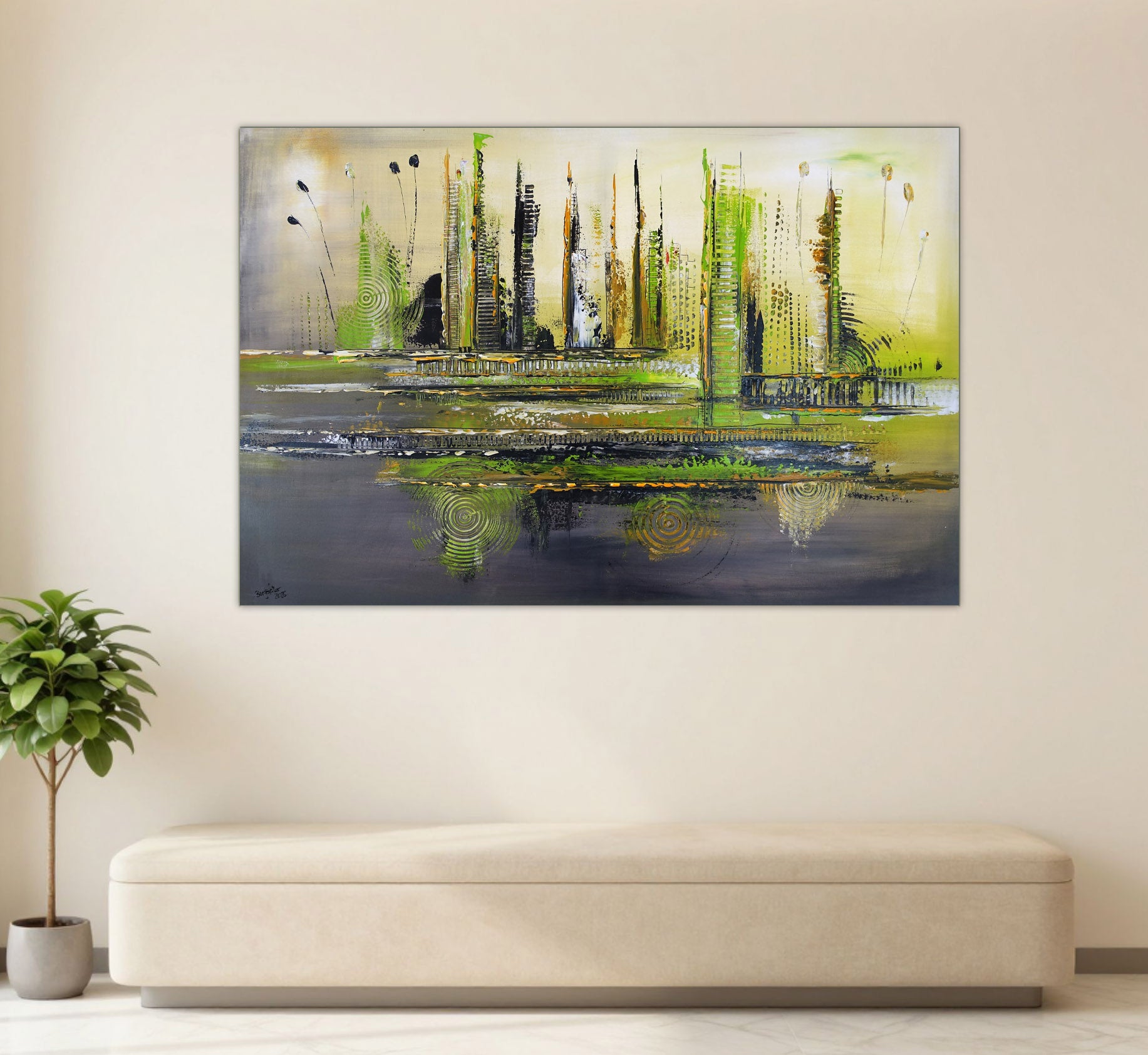 Modernes Acrylbild grün beige - Original Gemälde