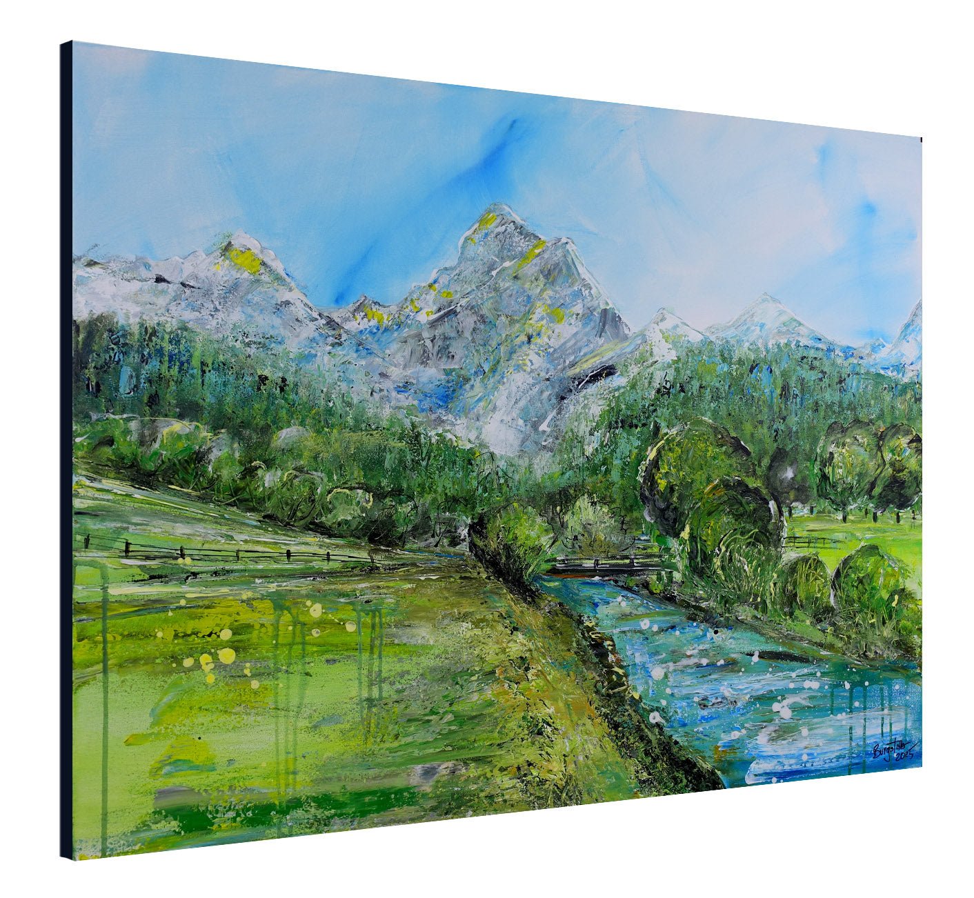 Berge & Fluss Gemälde grün - moderne Landschaftsmalerei -  100x80