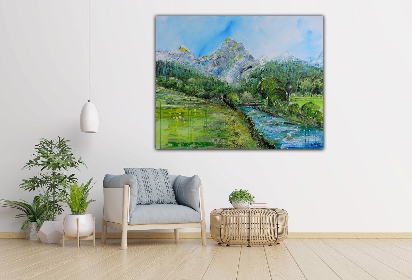 Gemälde Berge & Fluss mit Wald und Wiesen - moderne Landschaftsmalerei