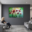 Moderne Acrylmalerei mit Mohnblumen, Blumenbild grün rot 130x90