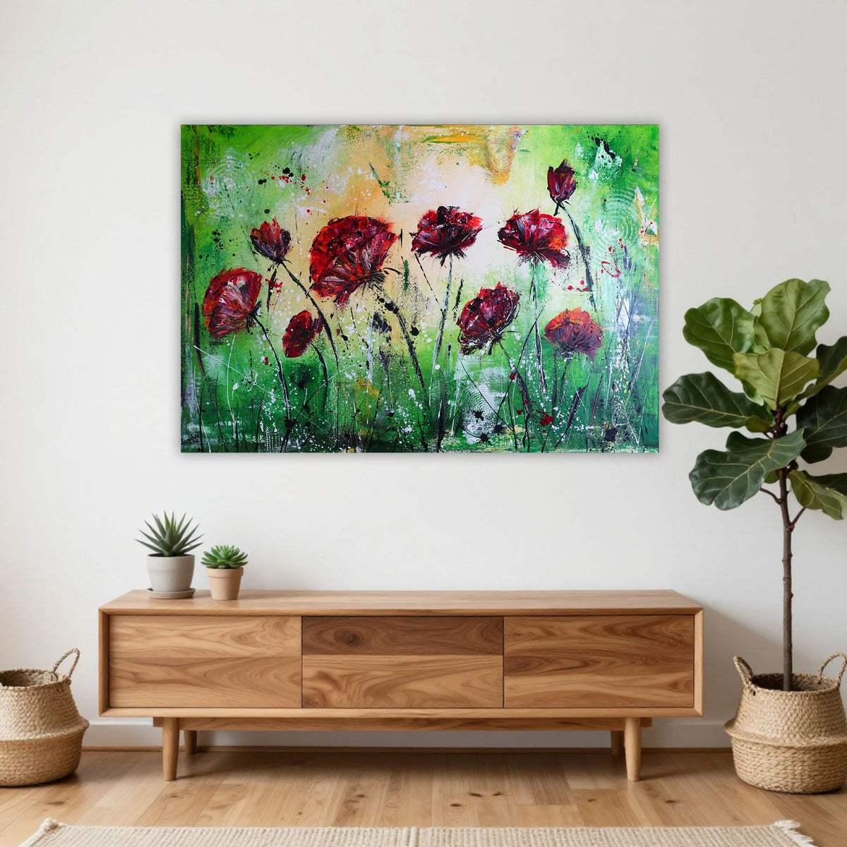 Abstrakte Acrylmalerei mit Mohnblumen 130x90