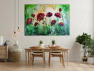 Abstrakte Acrylmalerei mit Mohnblumen, Blumenbild grün rot