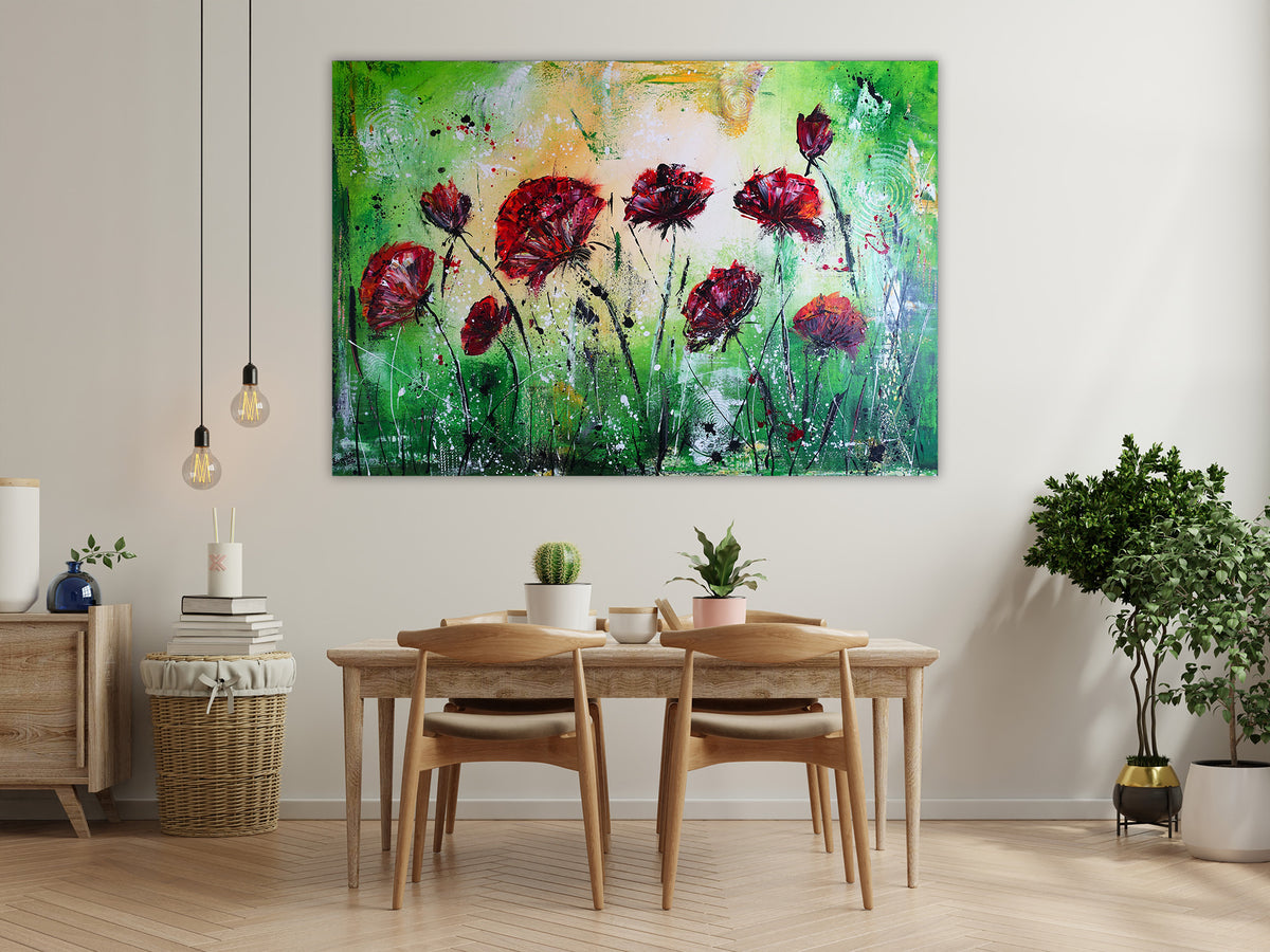Abstrakte Acrylmalerei mit Mohnblumen, Blumenbild grün rot