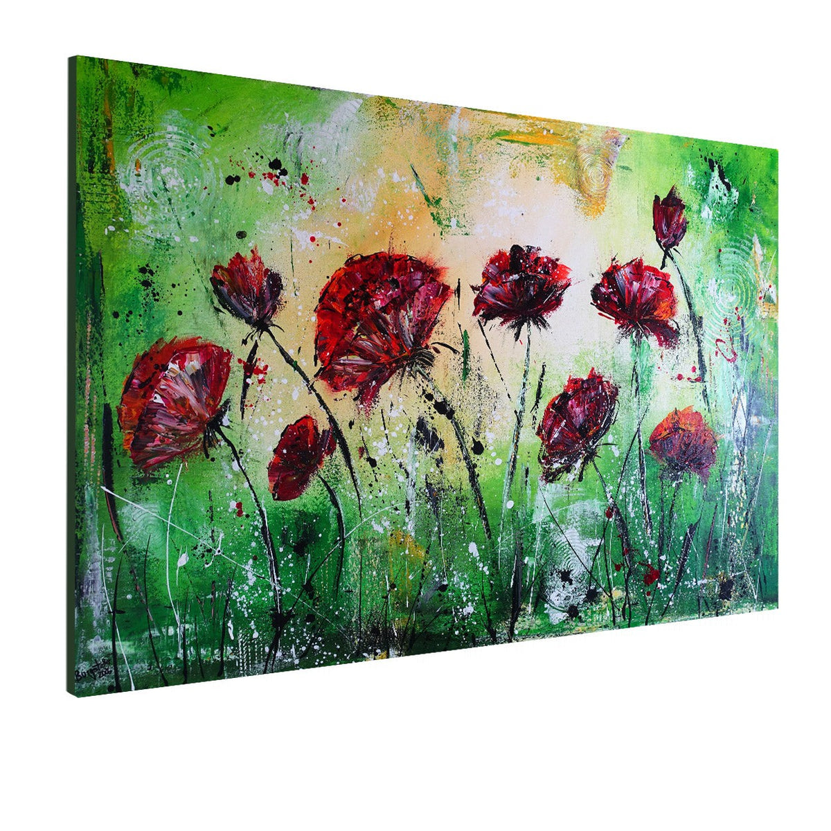 Blütenrausch: abstrakte Acrylmalerei mit Mohnblumen, Blumenbild grün rot 130x90