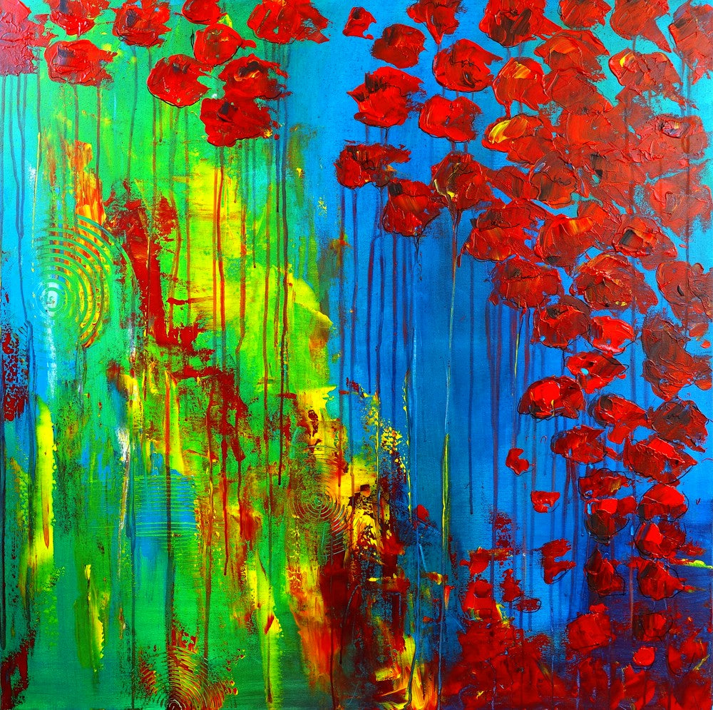 Blumengemaelde Blumenmalerei Blumenbild gemalt Wasserblueten 100x100x2cm.jpg