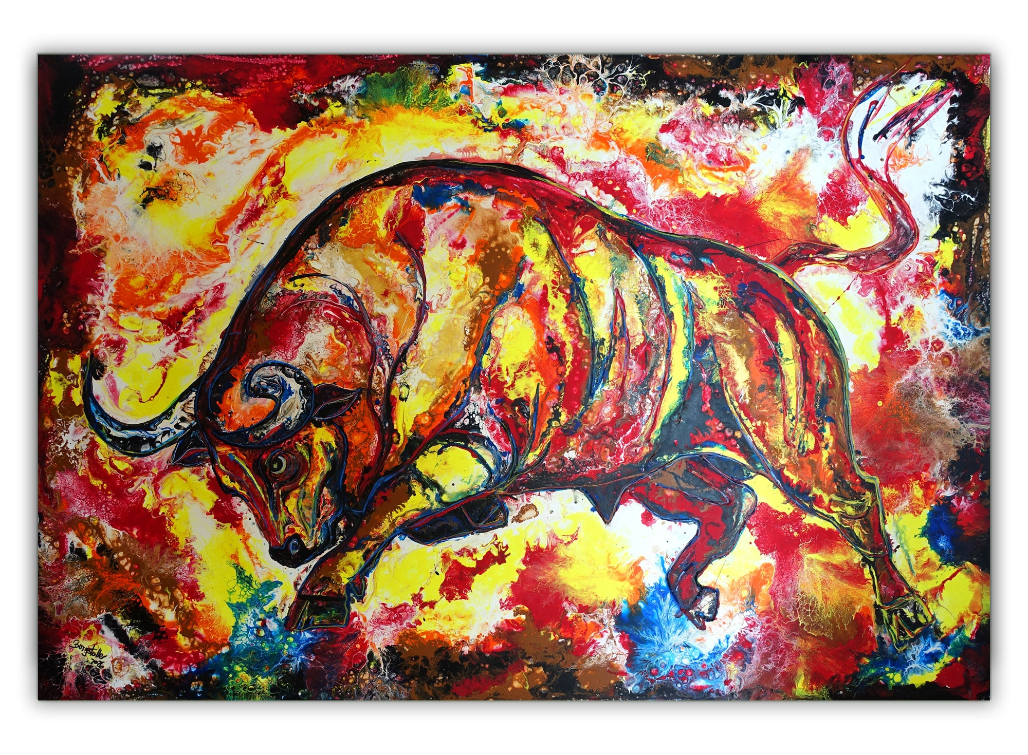 Wandbild roter Stier abstrakt, wilder Bulle handgemalt 150x100