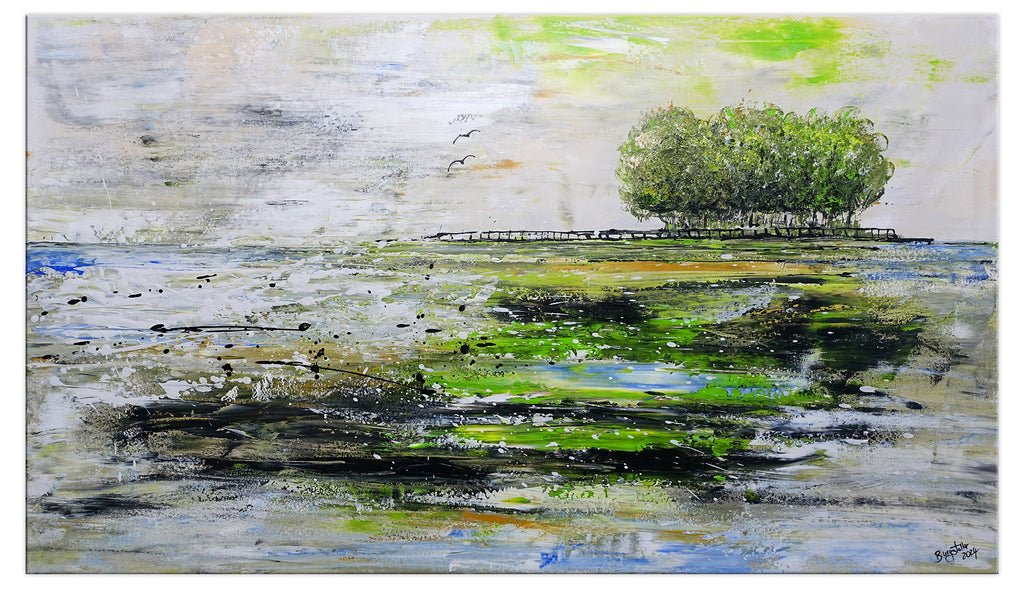 Die Insel - abstraktes Gemälde Leinwand Baum See Natur grün grau 140x80
