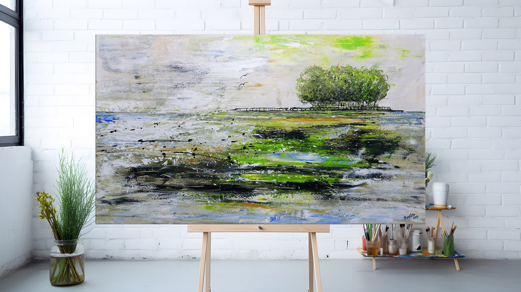 Die Insel - abstraktes Gemälde Leinwand Baum See Natur grün grau