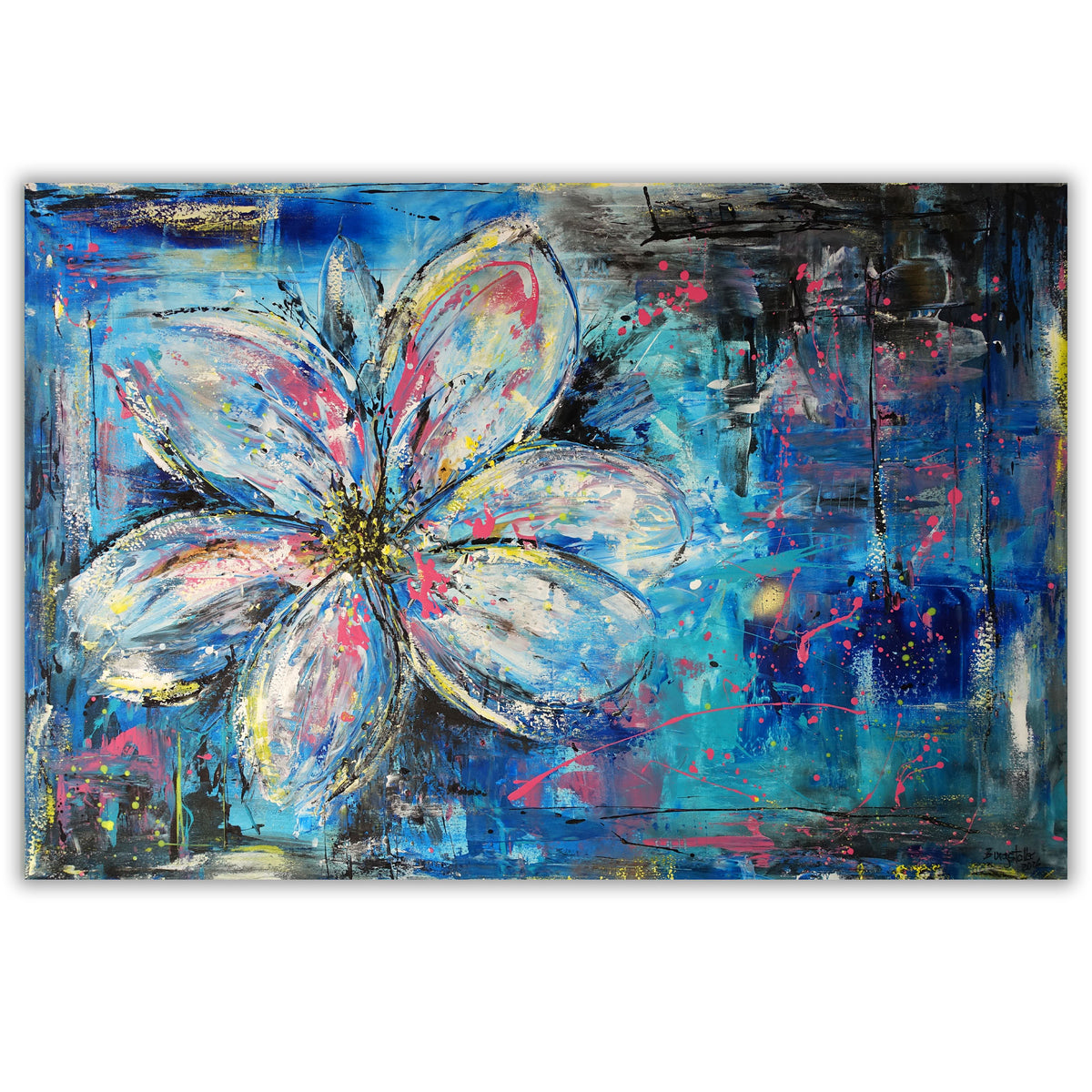 Blaues Blumenbild abstrakt, handgemaltes Blumen Gemälde XL 150x100