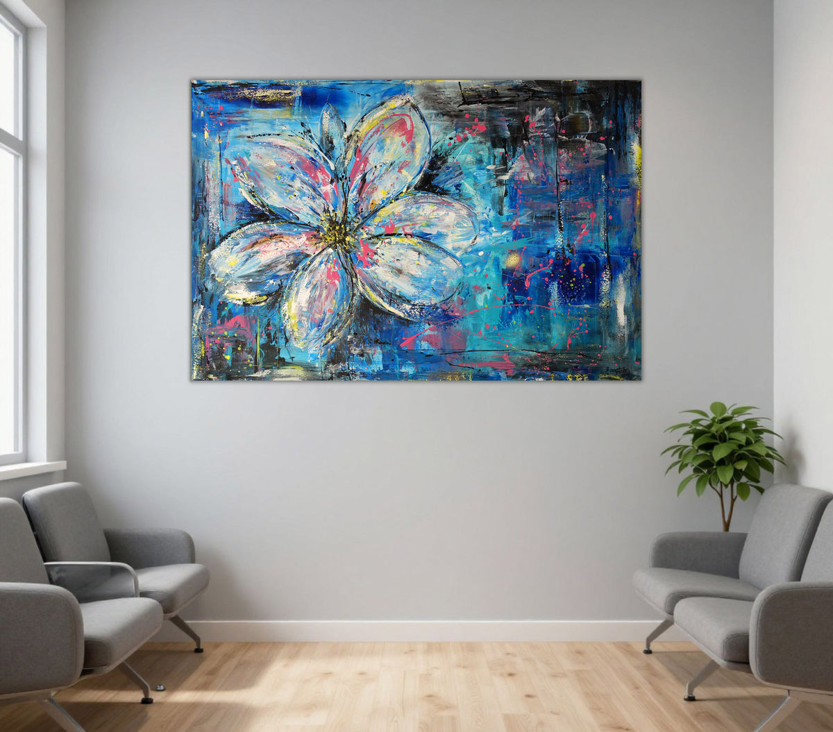 Blaues Blumenbild abstrakt XL, handgemaltes Blumen Gemälde