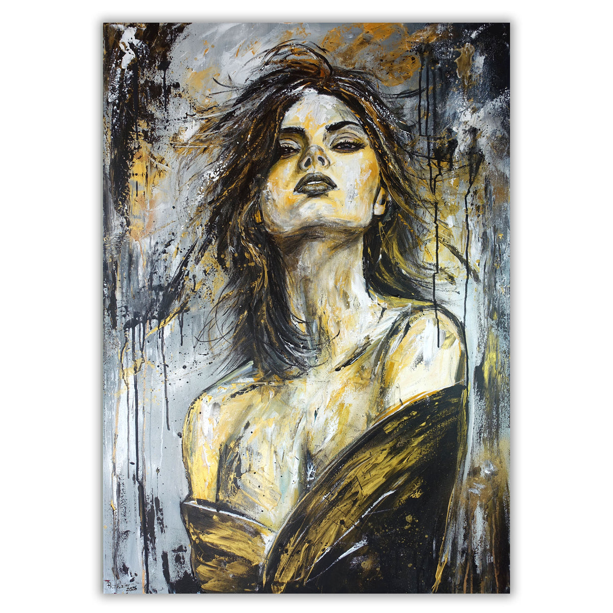 Ausdrucksstarkes Frauenporträt Gold Grau, Porträt Malerei 81x116