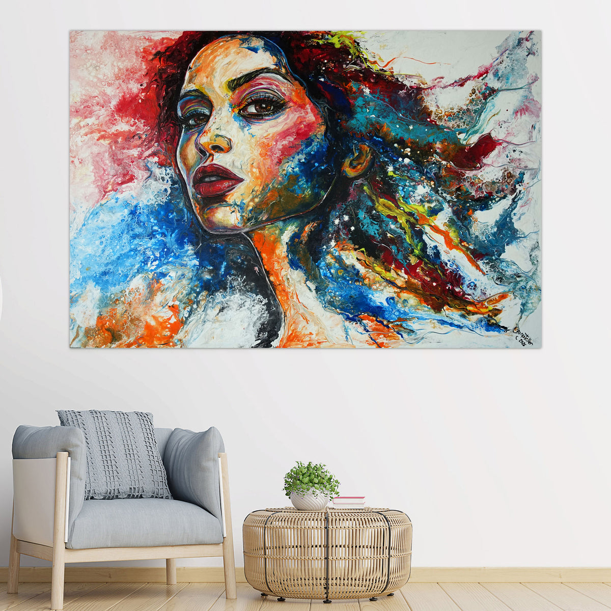 Modernes Frauenporträt, buntes abstraktes Kunst Gesicht