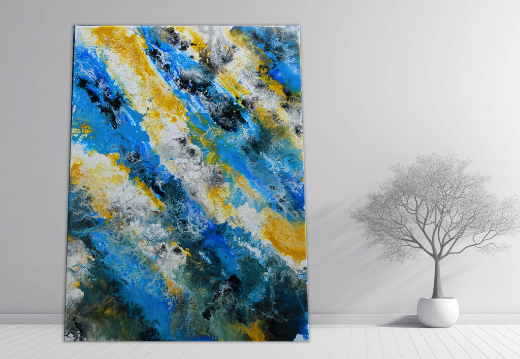 Farbenfluss abstraktes Acrylbild blau ocker Fluid Painting Leinwandbild modern