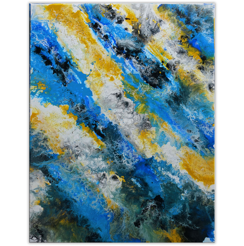 Farbenfluss abstraktes Acrylbild blau ocker Fluid Painting Leinwandbild modern 60x80