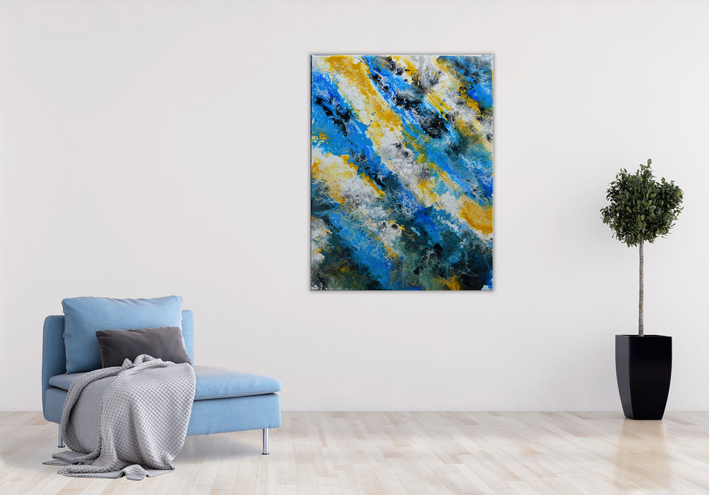 Farbenfluss abstraktes Acrylbild blau ocker Fluid Painting Leinwandbild