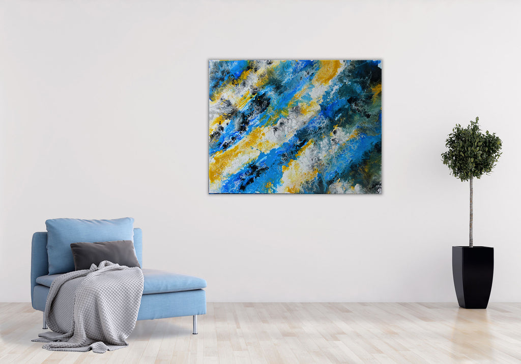 Farbenfluss abstraktes Acrylbild blau ocker Fluid Painting