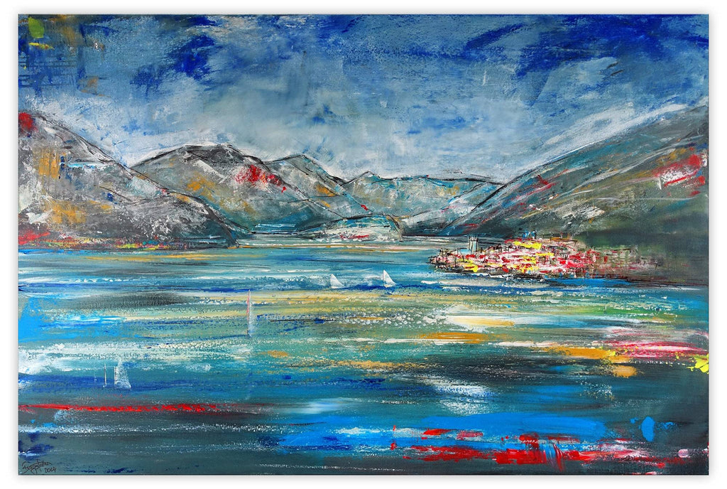 Gardasee Gemälde Acrylbild Malcesine, Landschaftsmalerei abstrakt 120x80 2404