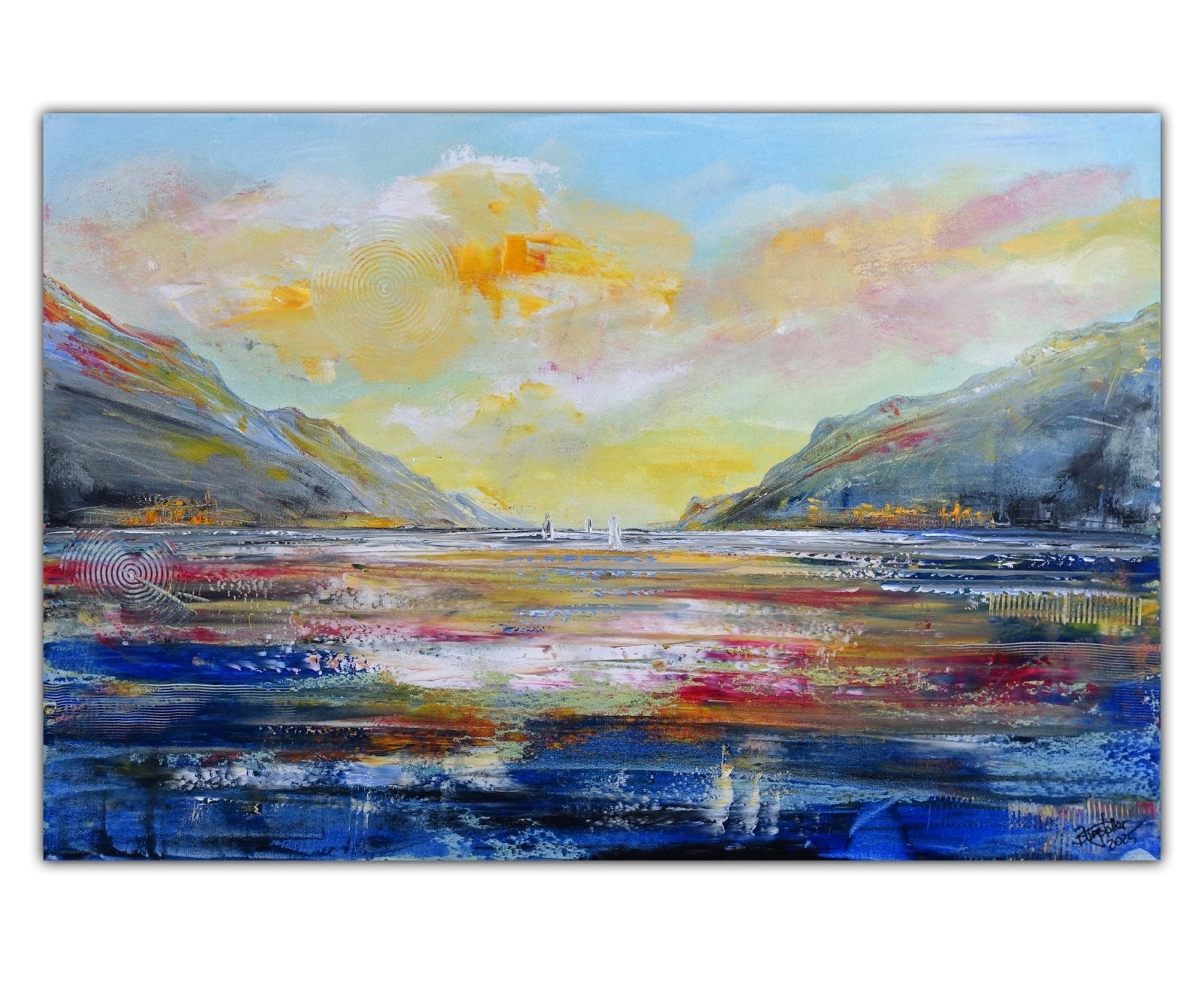 RAMEER Wandbild 180x91 Cm – Abstrakte Leinwandkunst, Handbemalt, Aquablau & Gelb