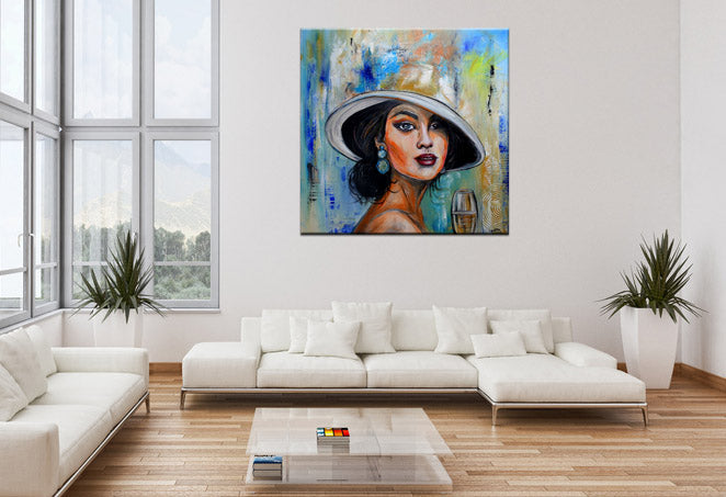 Gemälde Frau mit Hut  Sektglas Kunstbild Acrylbild Leinwand modern