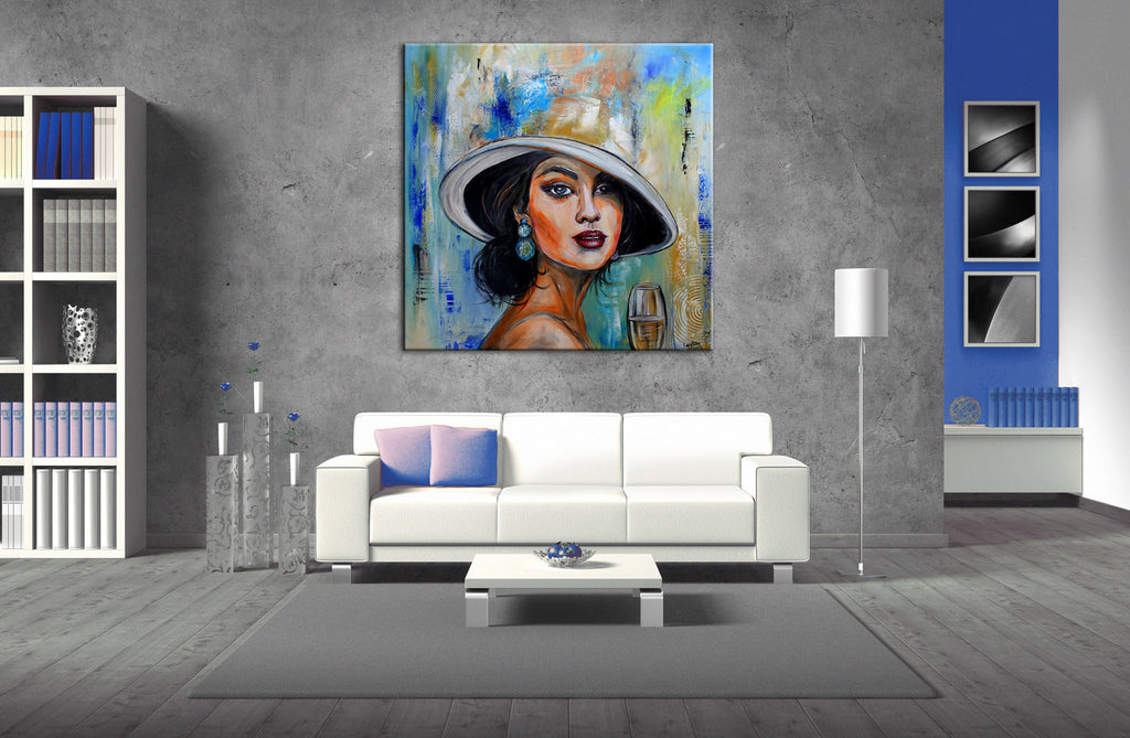 Gemälde Frau mit Hut  Sektglas Kunstbild