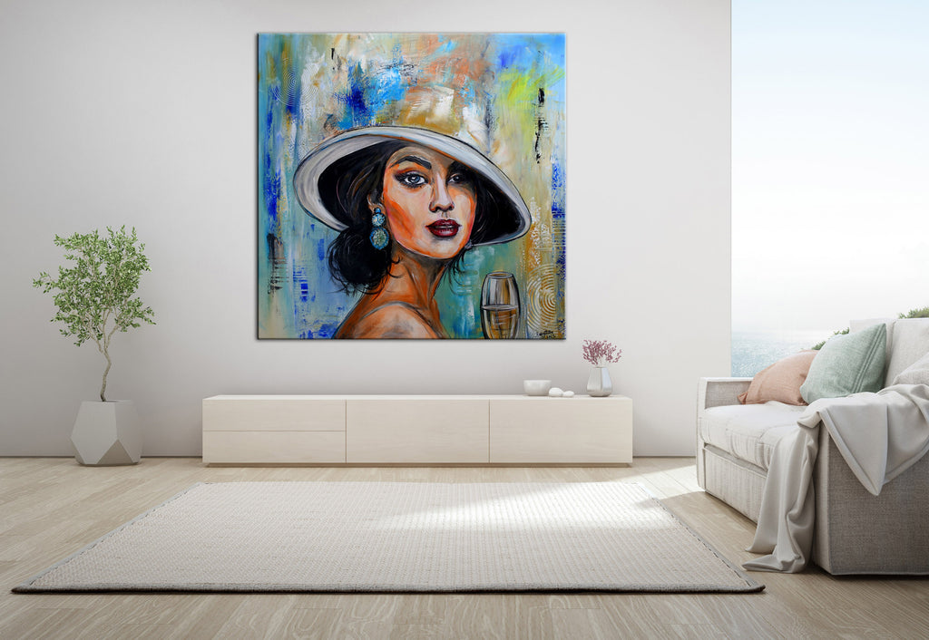 Gemälde Frau mit Hut  Sektglas Kunstbild Acrylbild Leinwand