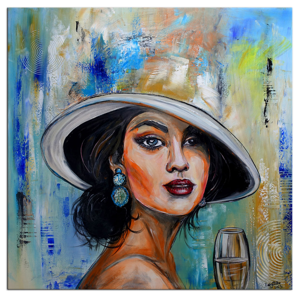 Gemälde Frau mit Hut  Sektglas Kunstbild Acrylbild Leinwand modern 100x100k