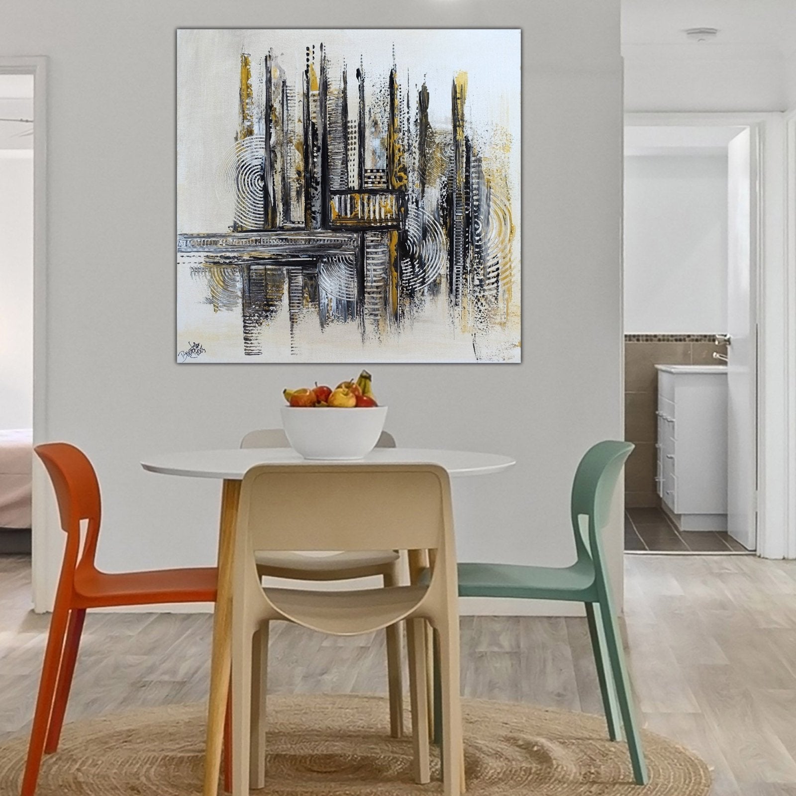 Goldene Treppe: abstraktes Gemälde silber gold handgemalt 60x60