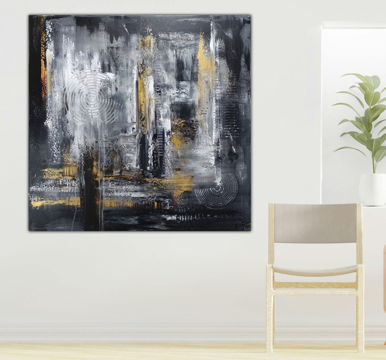 Handgemaltes Abstraktes Ölgemälde Auf Leinwand – Grau-gold Geometrisch, 90 Cm, Rahmenlos Für Wohnzimmer & Büro