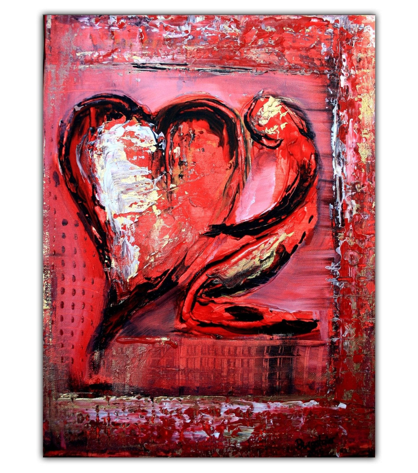 Rotes Herzbild mit Figur handgemalt Acrylbild