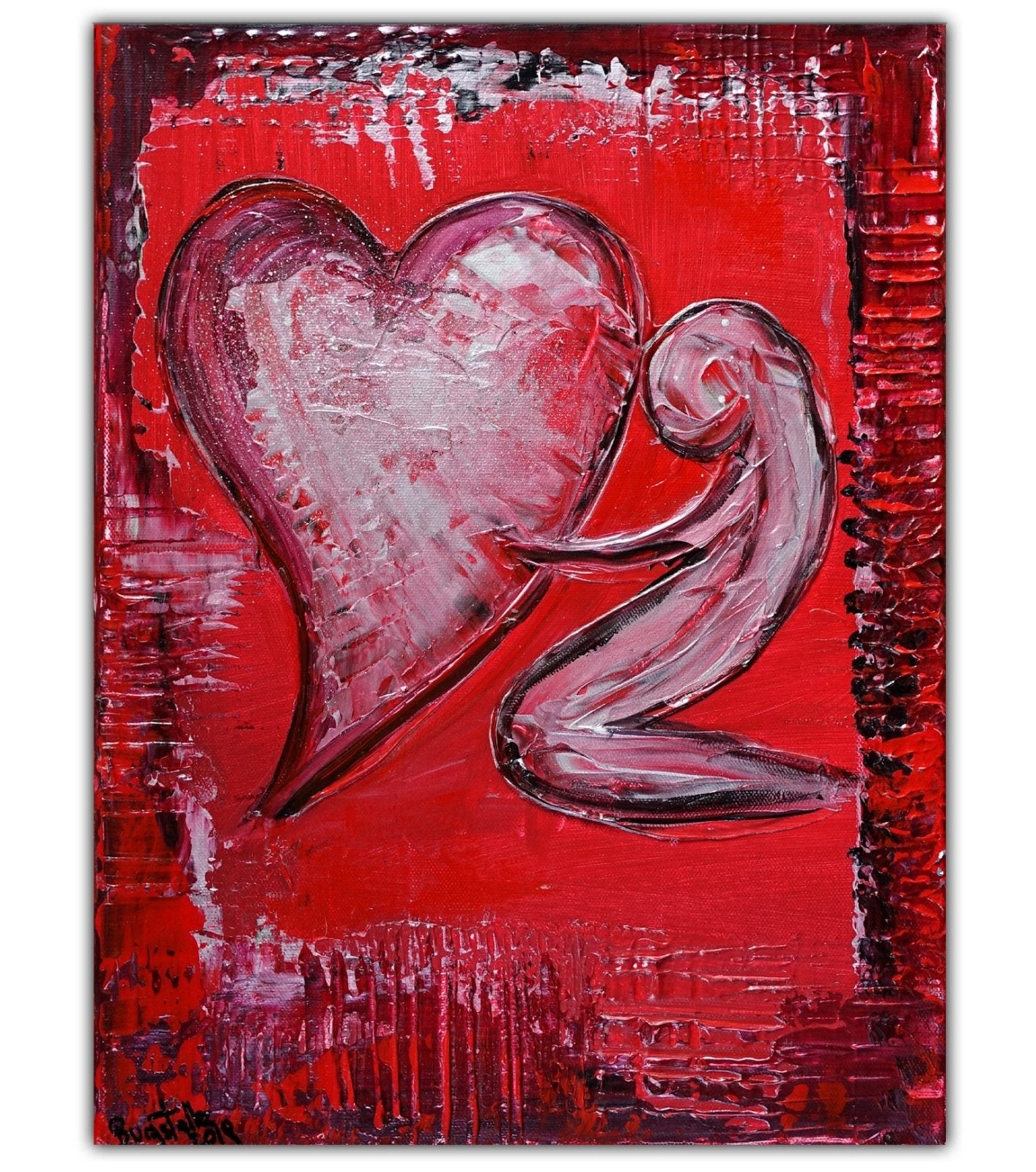 Rotes Herzbild mit Figur Liebesgeschenk handgemalt 30x40