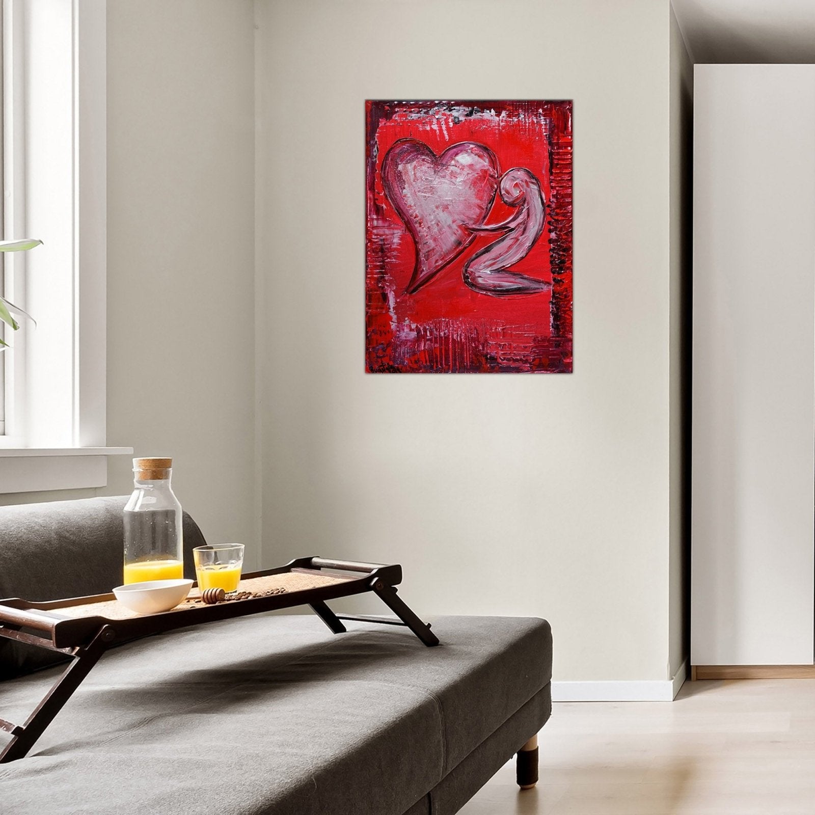 Rotes Herzbild mit Figur Liebesgeschenk handgemalt w