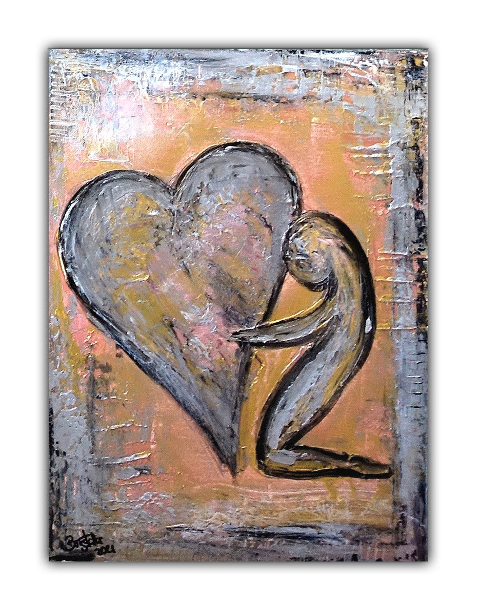 Herzbild mit Figur silber braun Leinwandbild Acrylgemälde 30x40