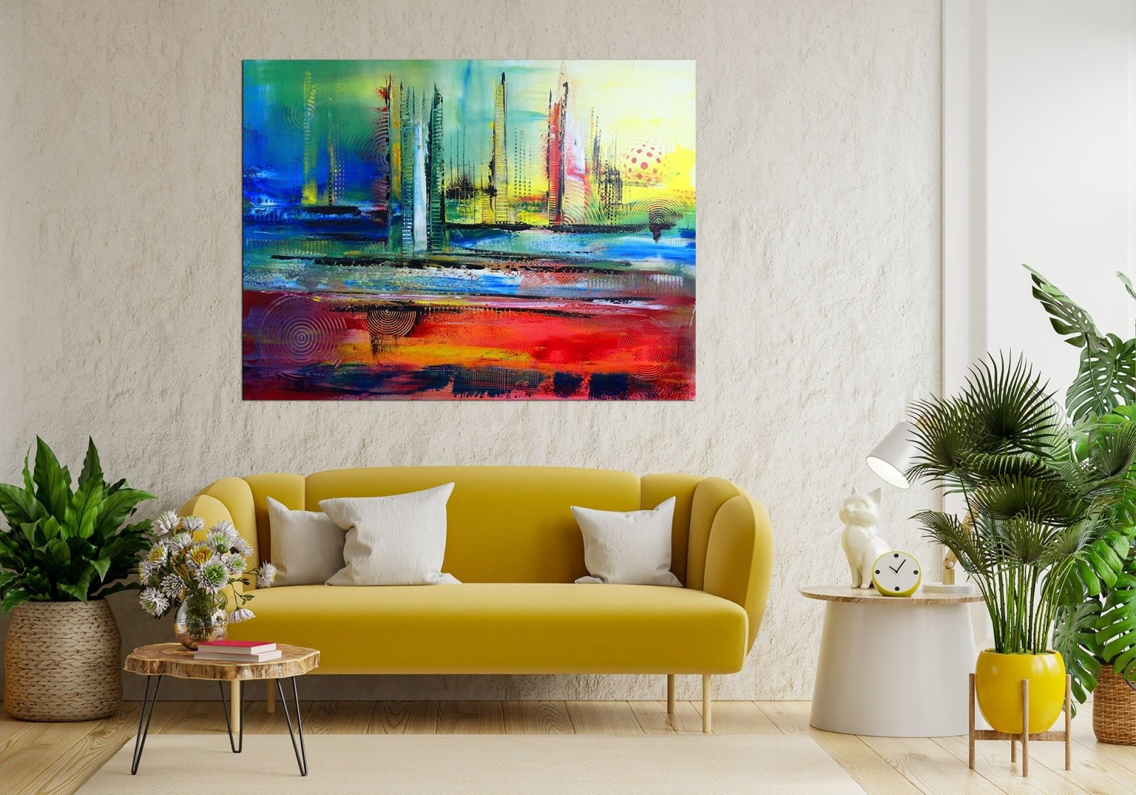 Abstraktes Bild blau rot gelb Wandbild handgemalt