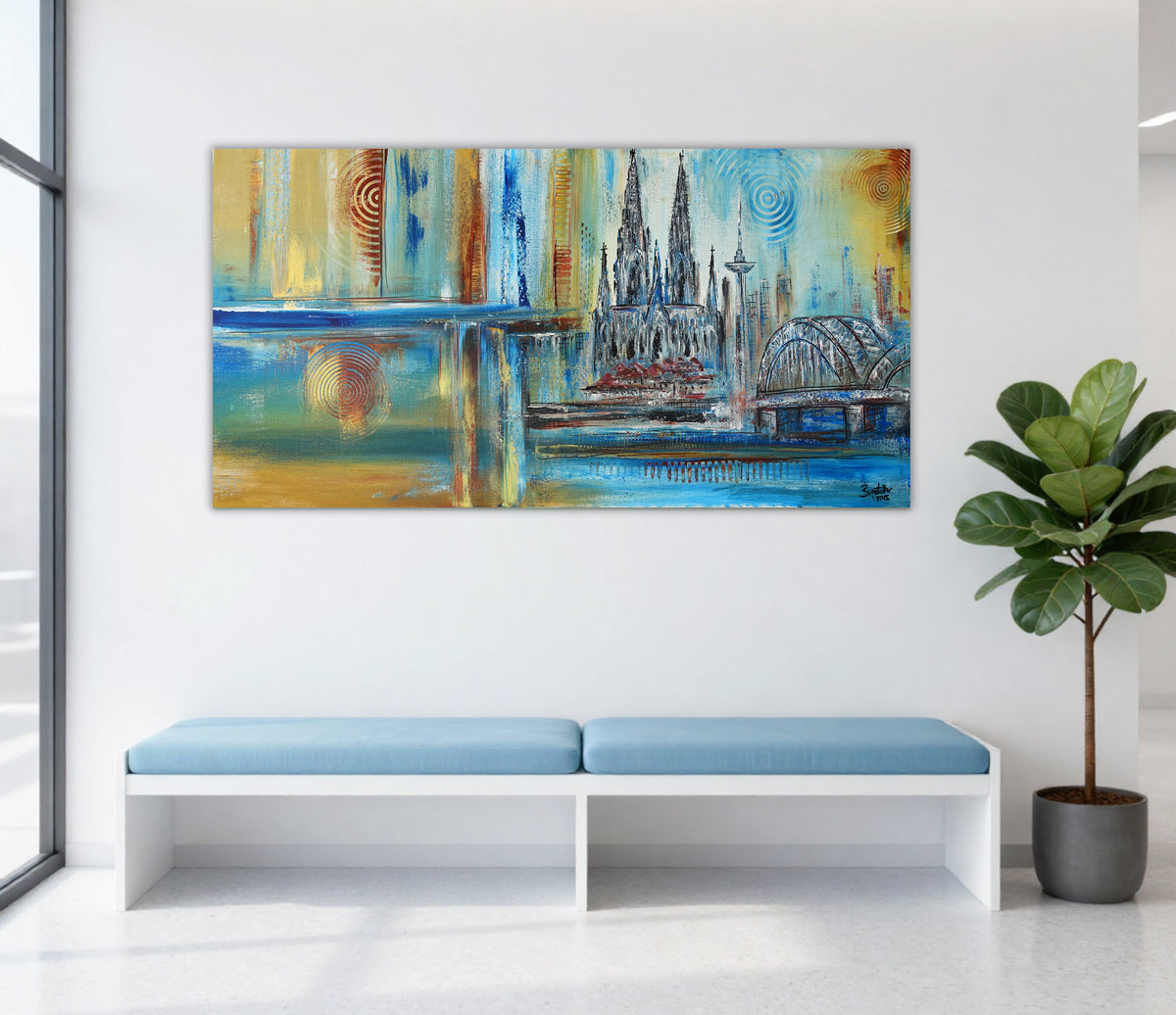 Abstraktes Stadtbild Köln mit Dom handgemalt 120x60