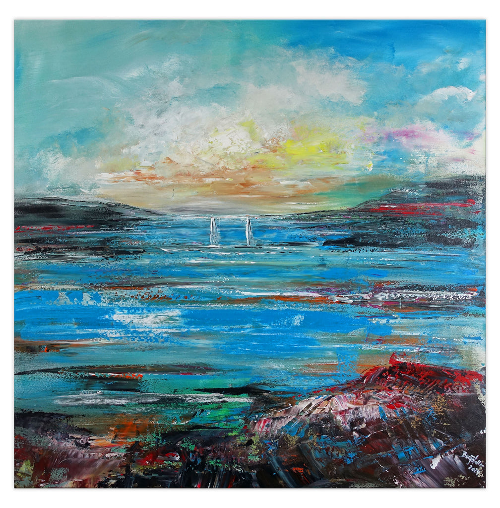 Küstentörn abstrakte Landschaft Malerei Meer Küste Boote Acrylbild Leinwand 100x100