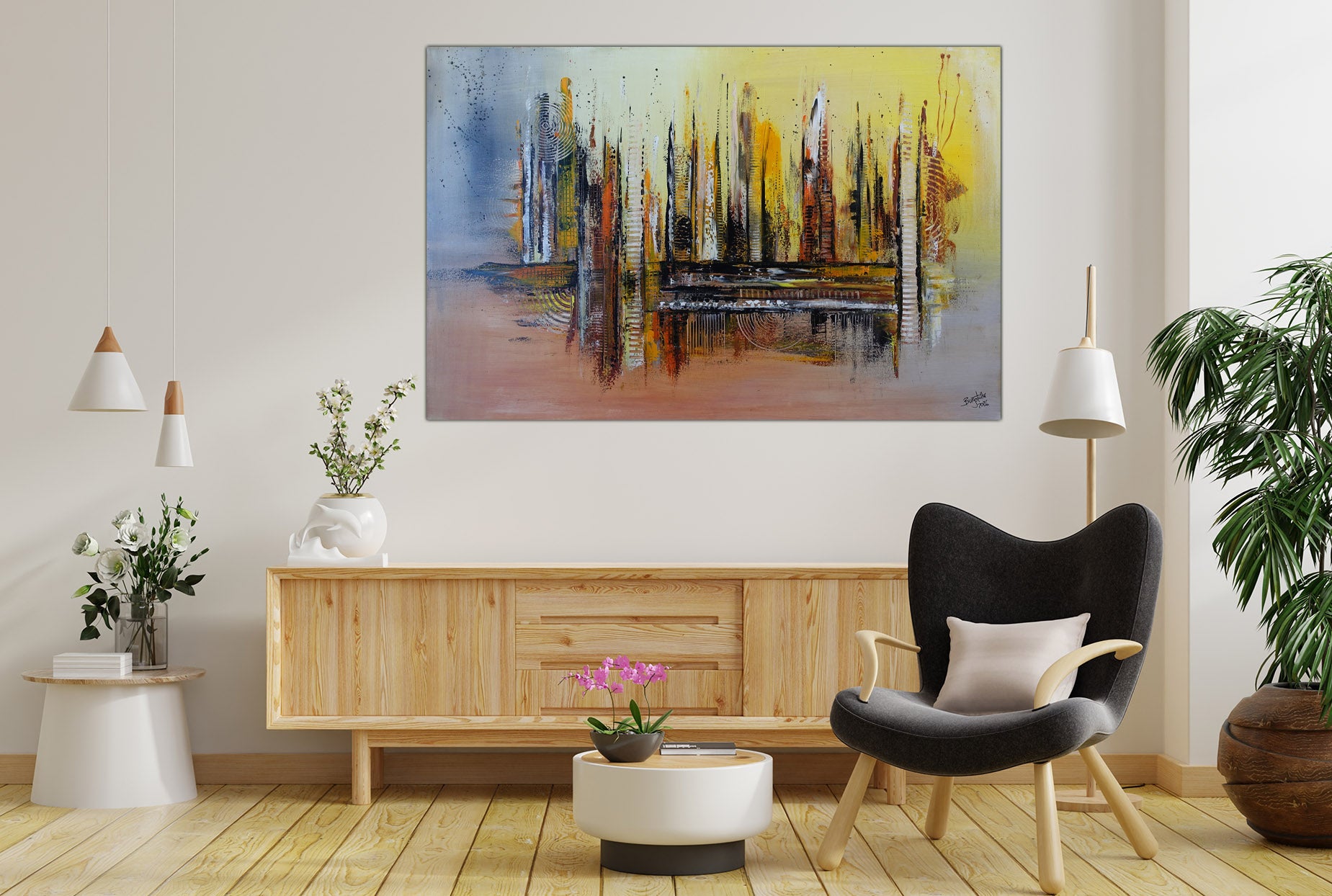Abstraktes Kunst Bild braun gelb handgemalt - Leinwandbild 120x80