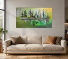 Abstraktes Skylinebild grün gelb, modernes Kunstbild 140x80