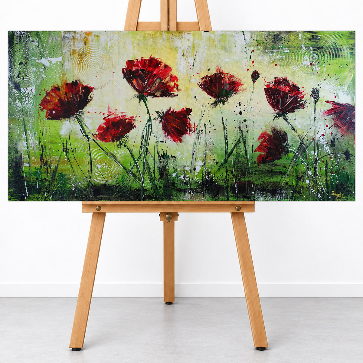 Abstraktes Mohnblumenbild Rot Grün, Acrylmalerei Blumenwiese