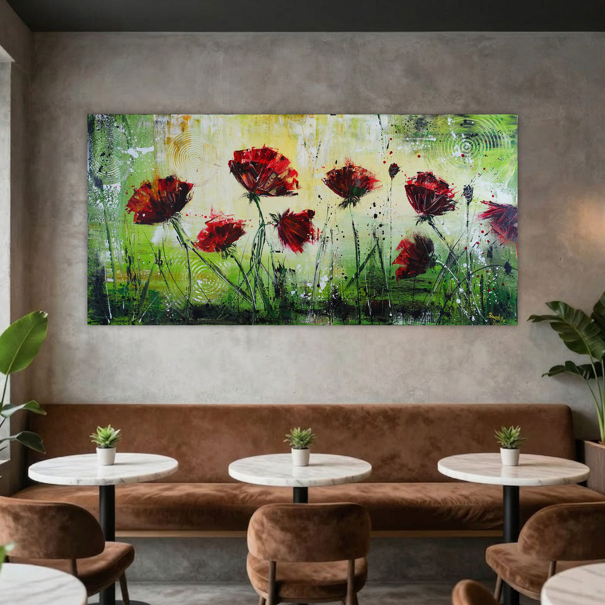 Mohnblumenbild Rot Grün, Acrylmalerei Blumenwiese 120x60