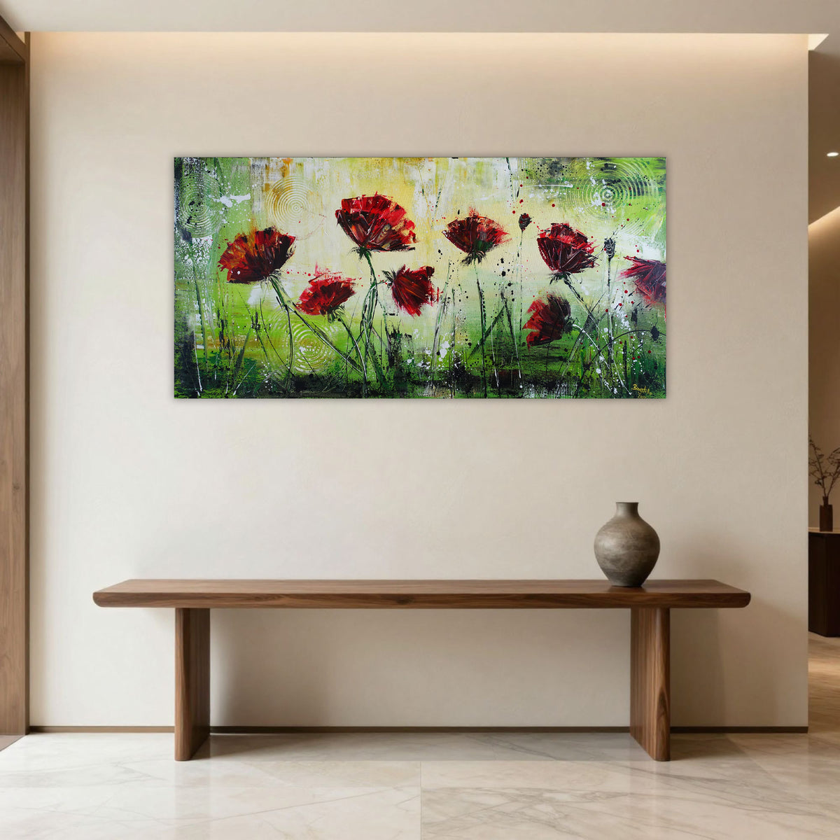 Abstraktes Mohnblumenbild Rot Grün, Acrylmalerei Blumenwiese 120x60