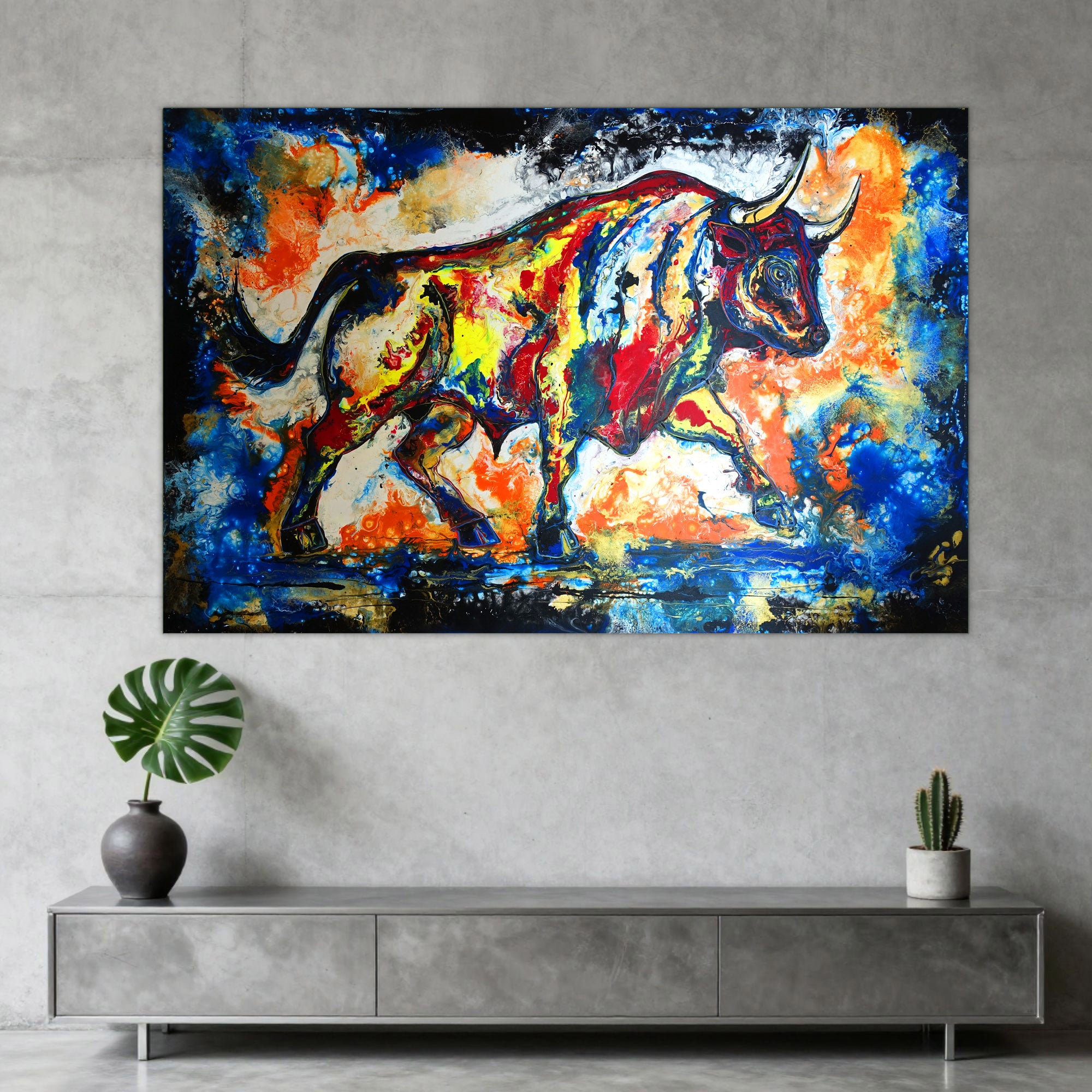 Murciélago 26 - Wandbild Stier abstrakt, gemaltes Stierbild 150x100