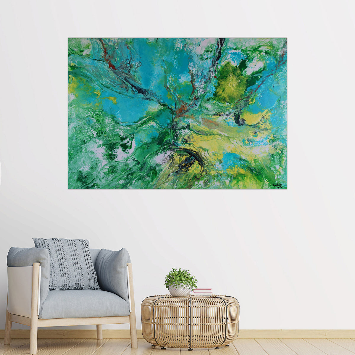 Abstraktes Acrylbild Türkis Grün Gelb, Original Gemälde