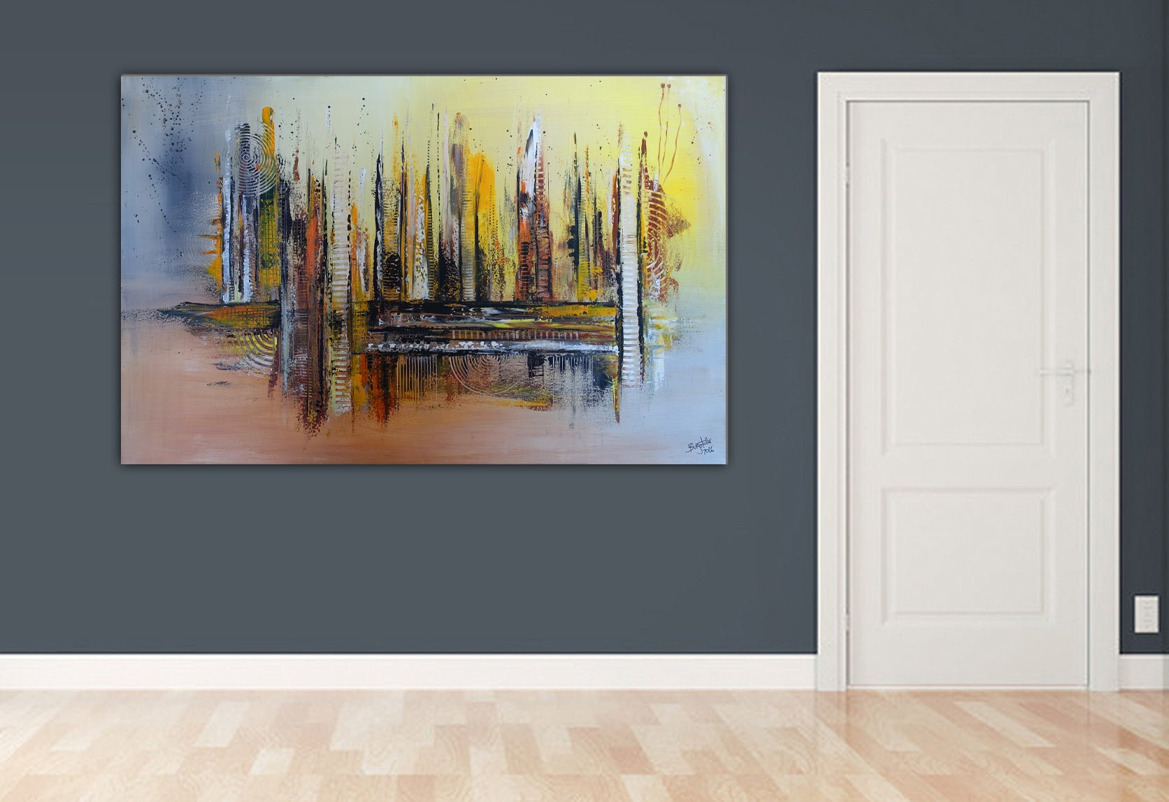 Niamey - abstraktes Gemälde grau gelb braun, Original Acrylbild 