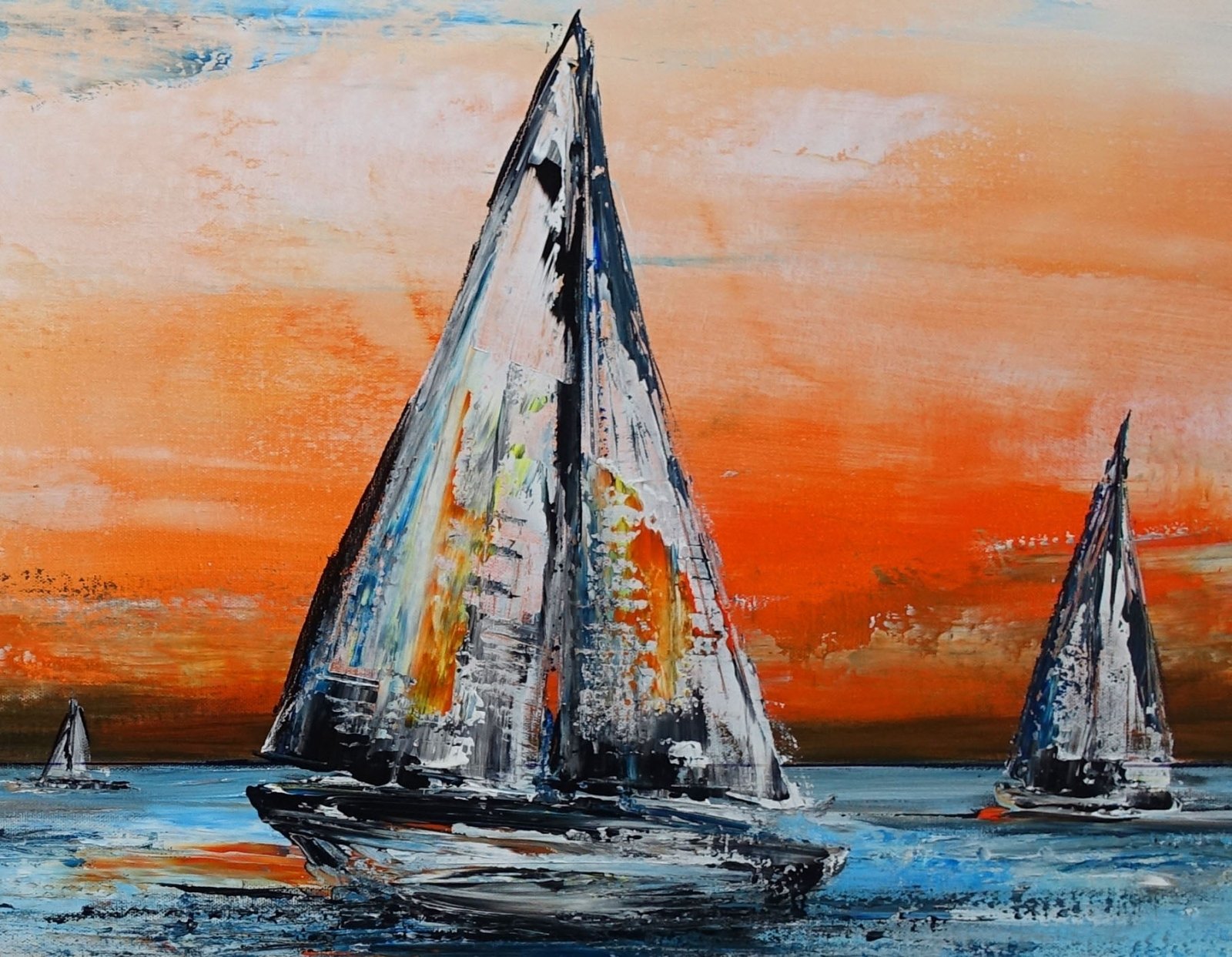 Strandboote Wandbild – 152,4x76,2 Cm, Handbemalt, Abstrakte Segelboot-Malerei Auf Holz