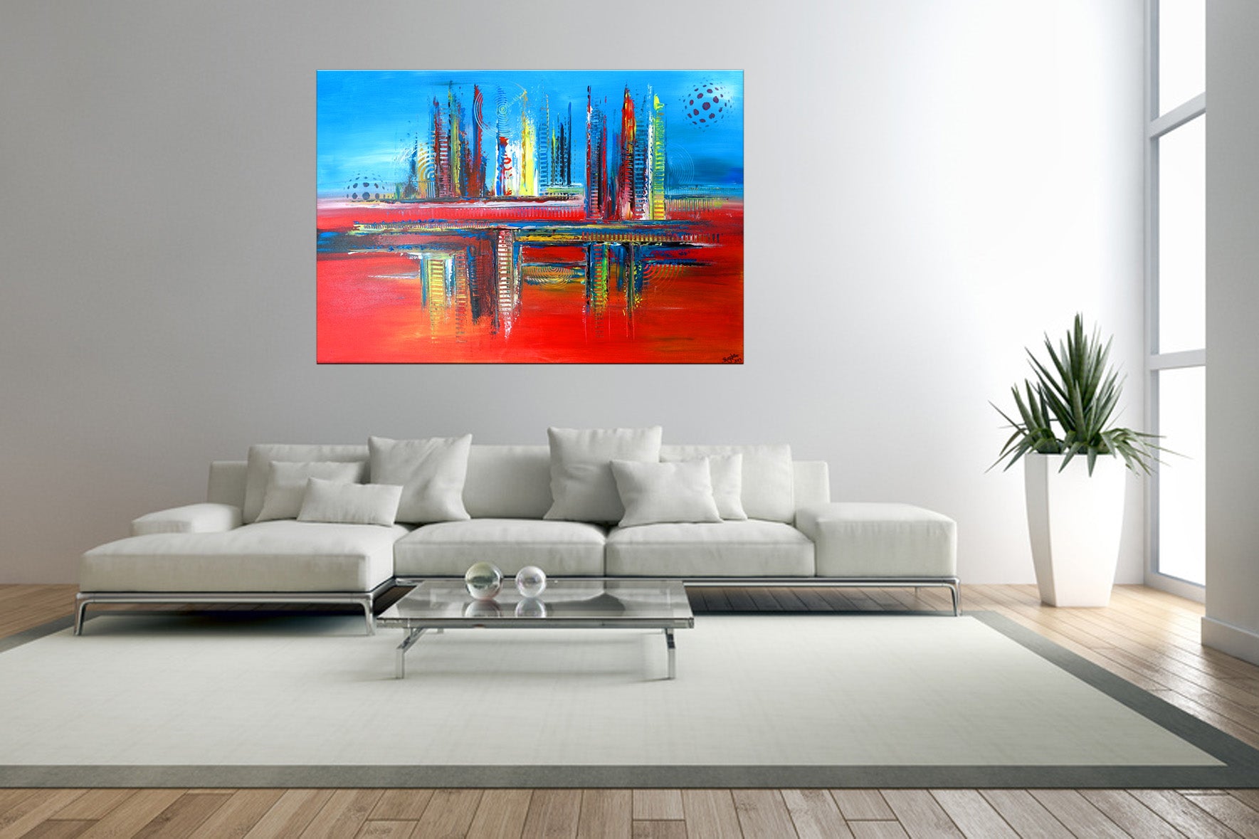 abstrakte malerei wandbild blau rot handgemalt